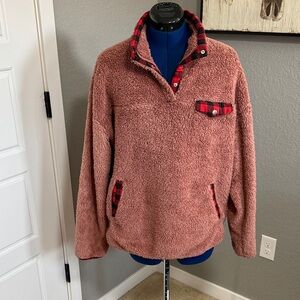Cozy Pink Sherpa Pullover with Plaid Accents